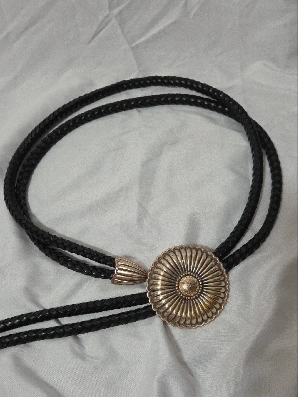 Black Braided Leather Bolo Tie, Silver-Tone Flower Slide
